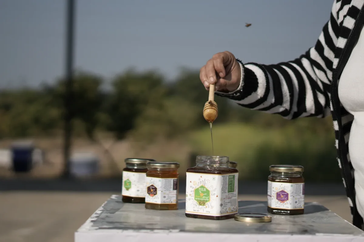 Honey drizzled at the apiary