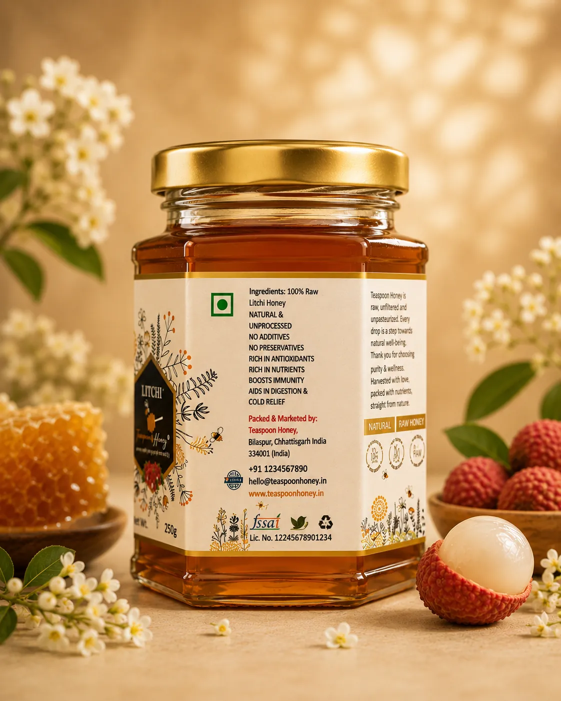 Teaspoon Honey Litchi raw honey 250g jar back label