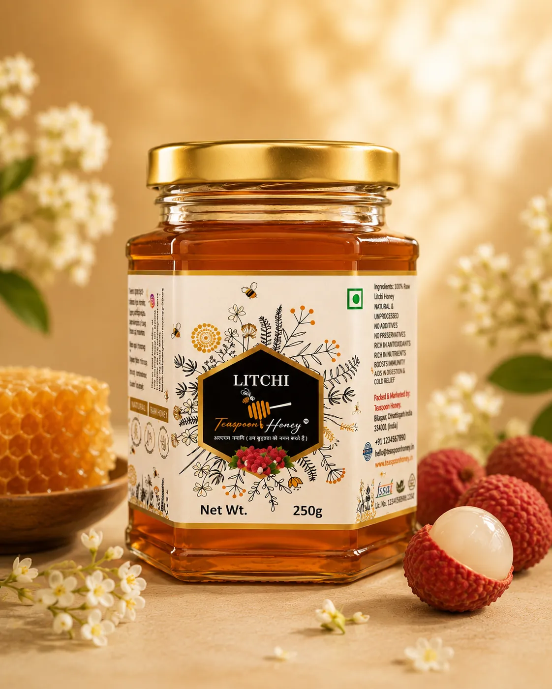 Teaspoon Honey Litchi raw honey 250g jar front label