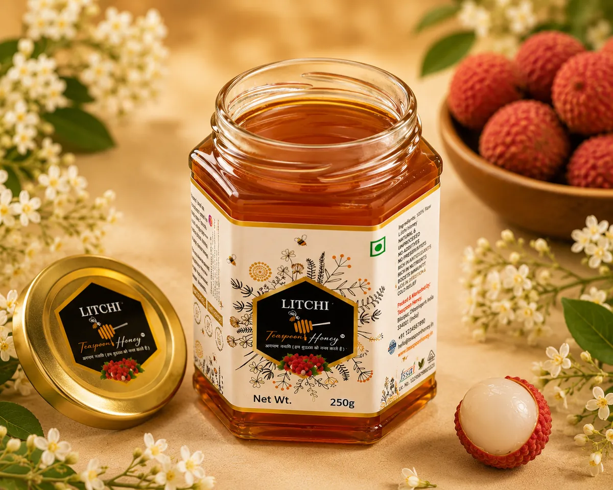 Teaspoon Honey Litchi raw honey open jar with lid