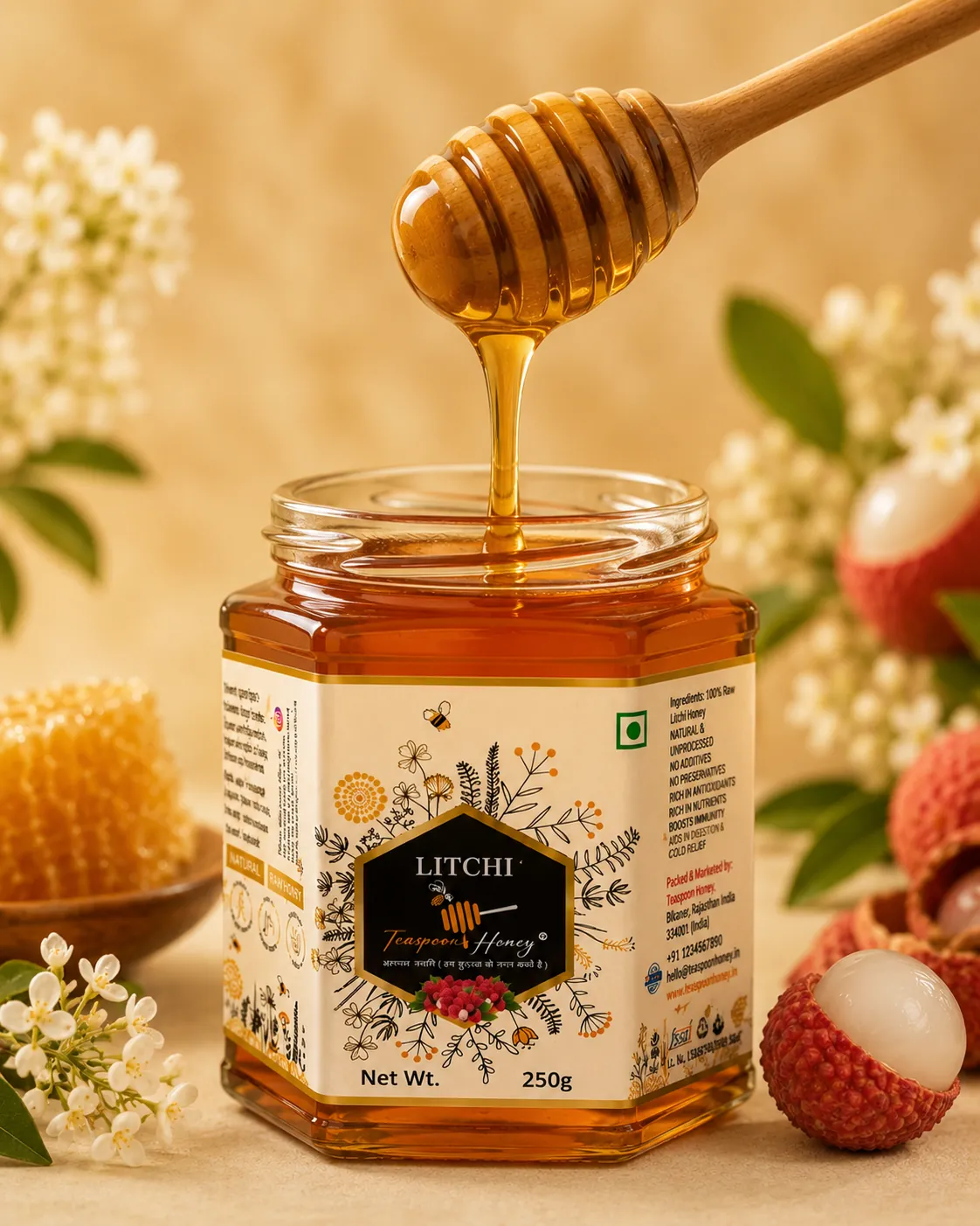 Teaspoon Honey Litchi raw honey poured from a wooden dipper