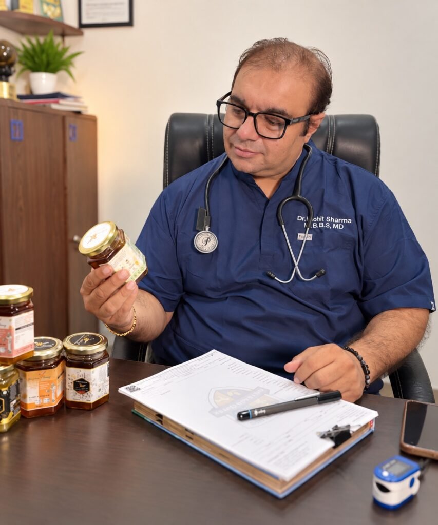 Dr. Mohit Sharma inspecting a jar of Teaspoon Honey raw honey in his clinic