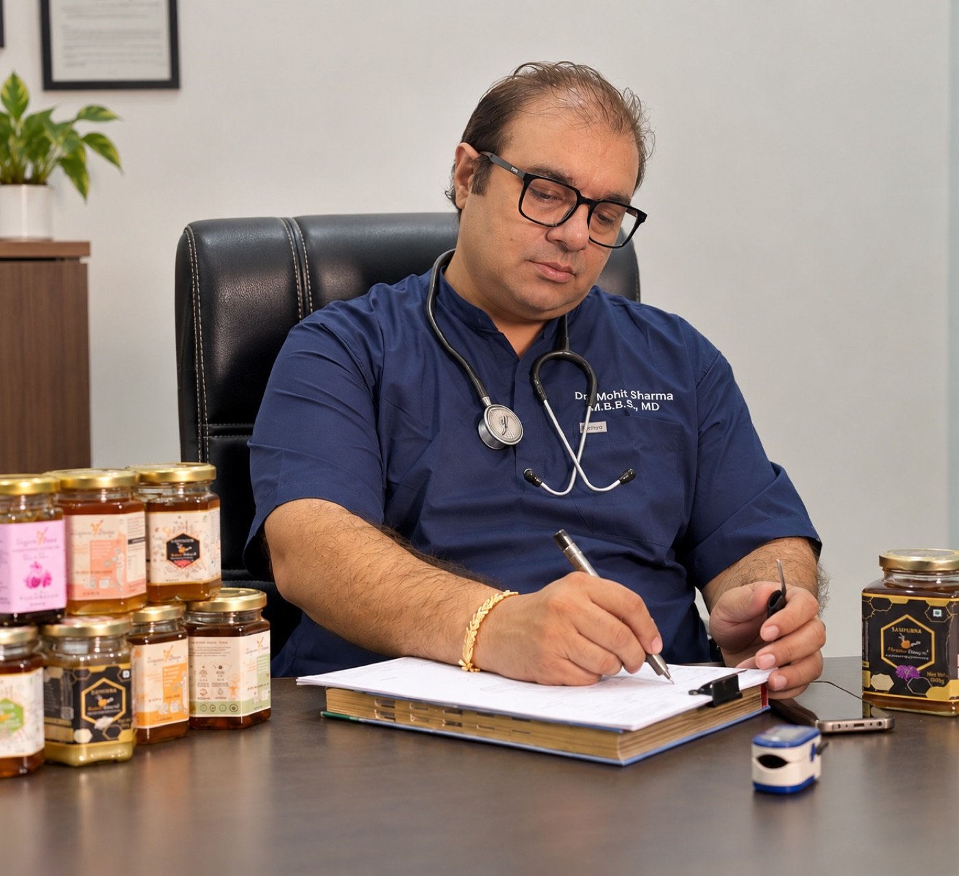 Dr. Mohit Sharma, M.B.B.S., MD, writing at his clinic desk beside jars of Teaspoon Honey