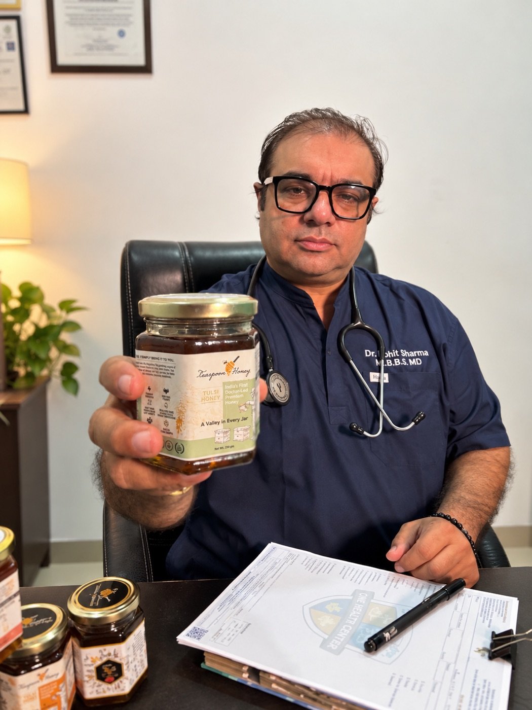 Dr. Mohit Sharma, M.B.B.S., MD, founder of Teaspoon Honey, holding a jar of Tulsi honey in his clinic