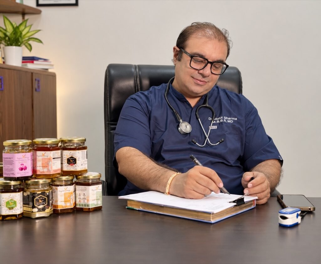 Dr. Mohit Sharma, founder of Teaspoon Honey, at his clinic desk with jars of raw Himalayan honey