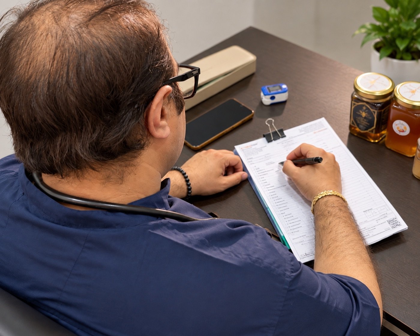 Dr. Mohit Sharma reviewing notes at his desk with Teaspoon Honey jars beside him